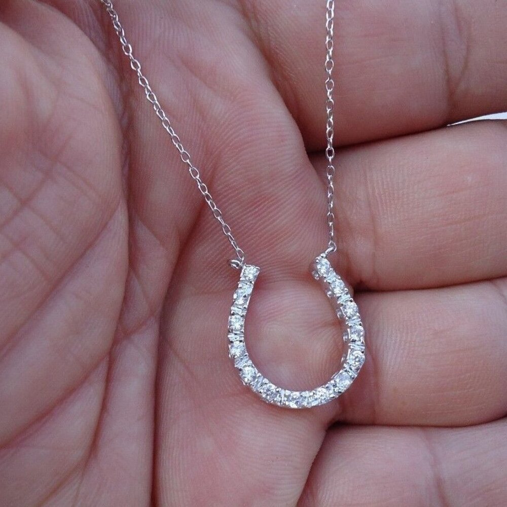 925 STERLING SILVER DESIGNERS "HORSE SHOE"NECKLACE PENDANT SIMULATED DIAMONDS